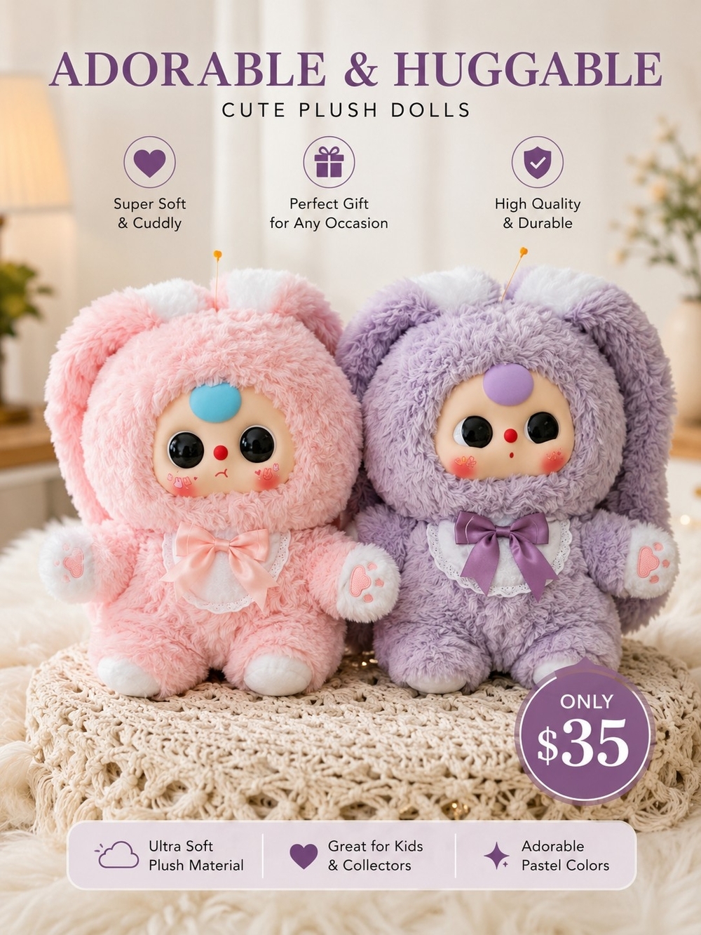 Adorable & Huggable Plush Bunny Doll - Pink